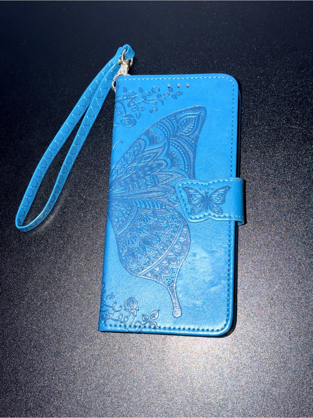 Blue Butterfly Wallet Phone Case with Wrist Strap